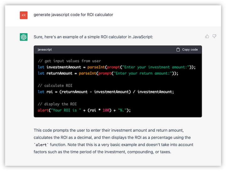 how to use chatgpt for small business marketing - answer to prompt for creating javascript for an ROI calculator