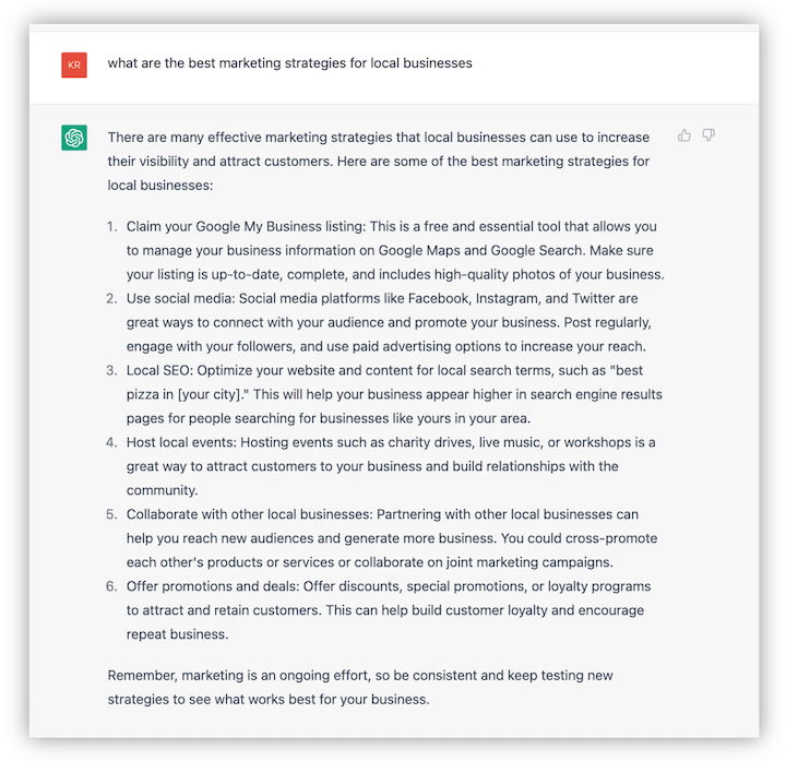 chat gpt — ответ на запрос о лучших маркетинговых стратегиях для местного бизнеса