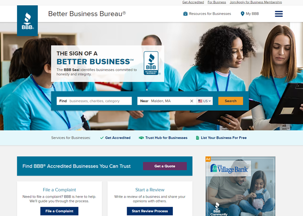 directory listings - screenshots of better business bureau homepage