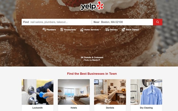 listes d'annuaires - capture d'écran de la page d'accueil de Yelp