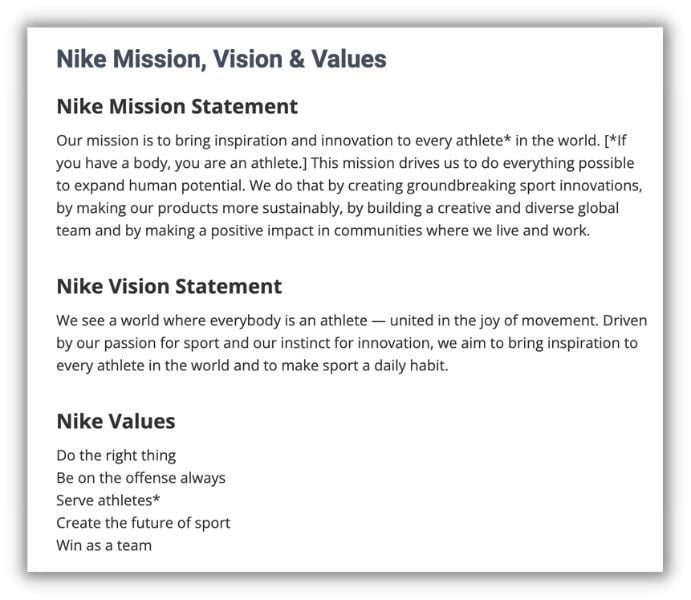 nike company vision statement, mission, and values