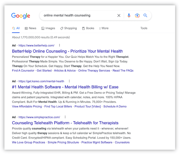 google ads for online mental health counseling