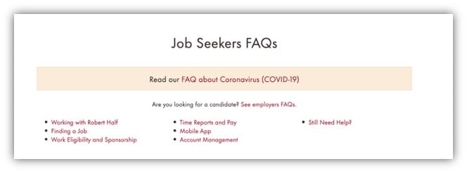 faq pages examples - job seeker faq page screenshot