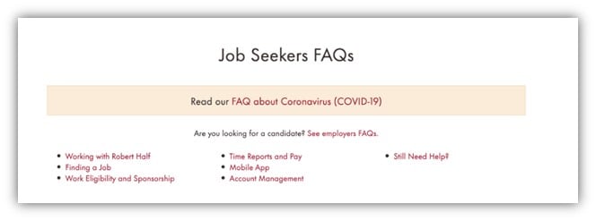 exemples de pages faq - capture d'écran de la page faq des demandeurs d'emploi