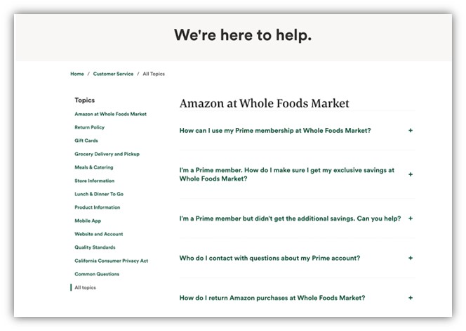 faq page examples - screenshot of whole foods faq page