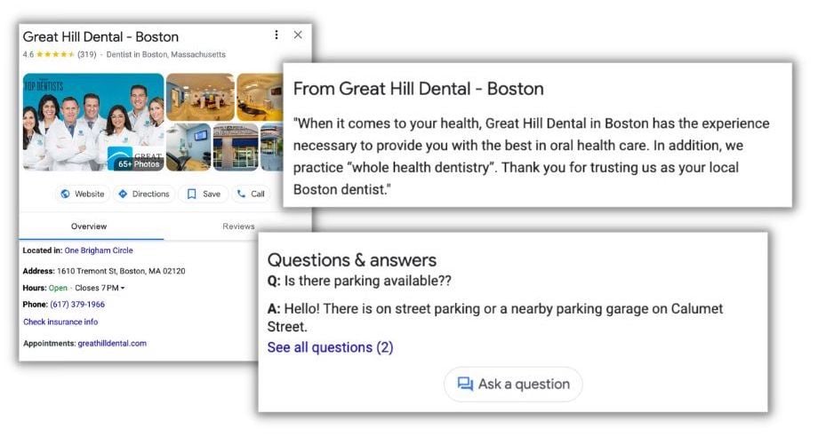 example of an optimized google business profile from a dentist in boston