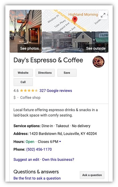 an example of a google business profile for a coffee shop