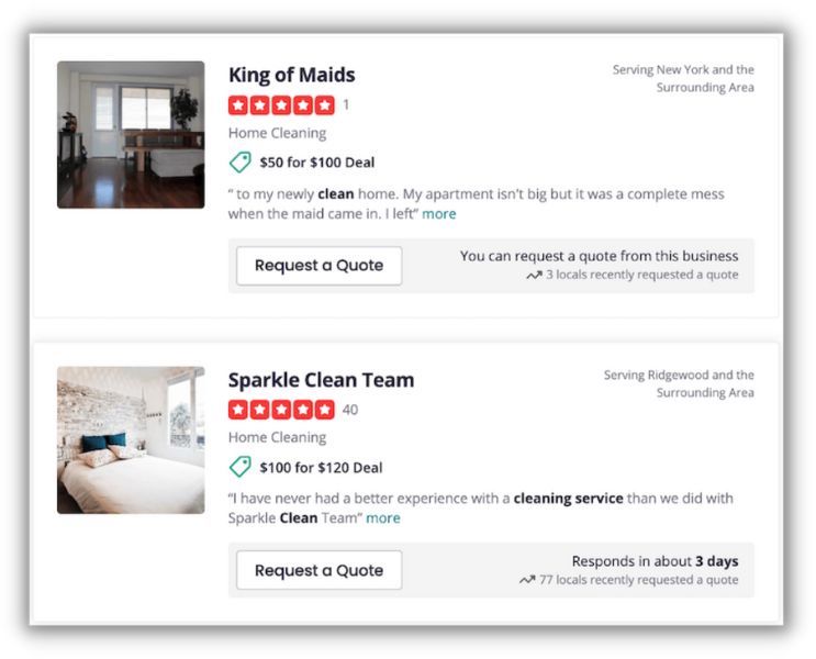 two yelp listings with filled in information