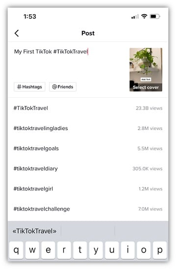 tiktok hashtags - screenshot of how to add a hashtag to a tiktok video 