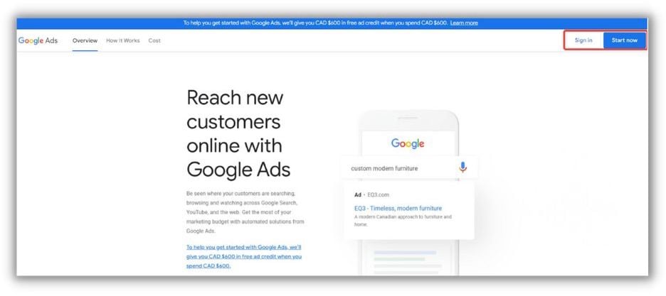 google ads homepage with red box around Sign In Start Now buttons