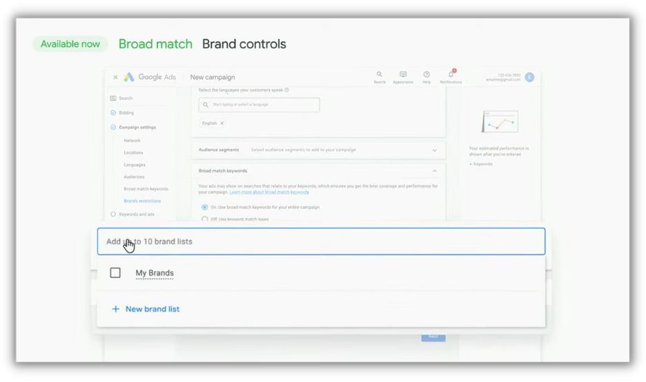 screenshot from google marketing live 2023 presentation - broad match brand controls