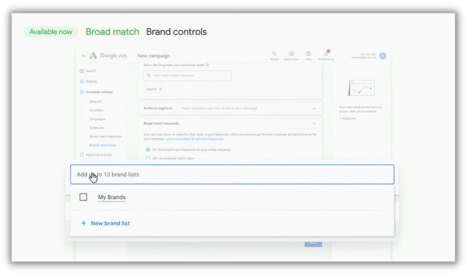 captura de pantalla de la presentación de Google Marketing Live 2023: controles de marca de concordancia amplia