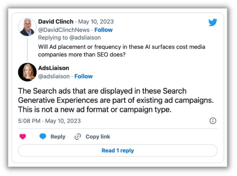 tweet from google talking about ad placements for google search generative experience