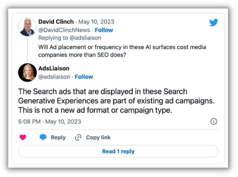 tweet de google parlant des placements d'annonces pour l'expérience générative de la recherche google