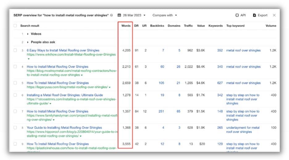 report in ahrefs that shows word count for posts ranking in serps