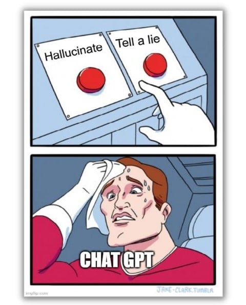 AI for marketers - meme with two choices for Chat GPT, lie or hallucinate
