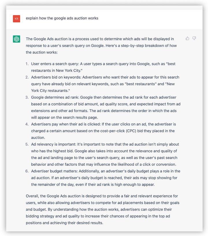 ChatGPT prompt and response asking how Google auction works