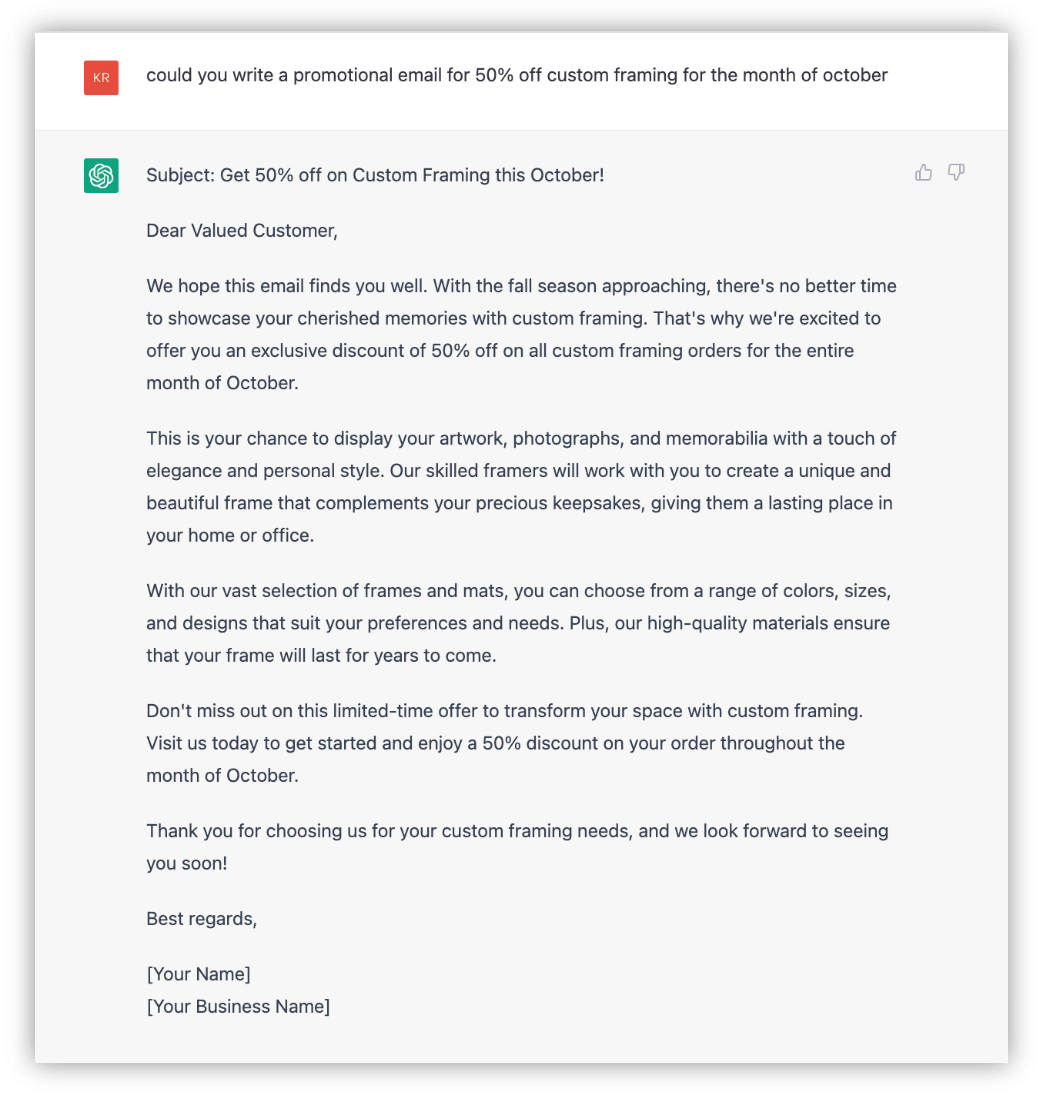 ChatGPT prompt and response asking to write a promotional email