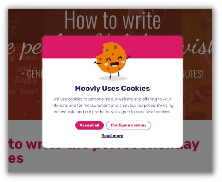 cookie banner example from moovly that shows how data is being used