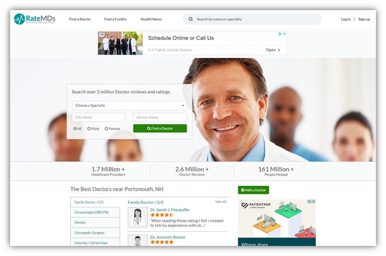 sites d'avis de médecins - capture d'écran de la page d'accueil de la note md