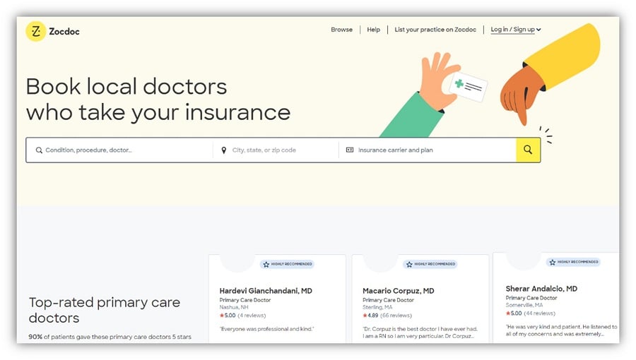 sitios de revisión de médicos: captura de pantalla de la página de inicio de zoc doc