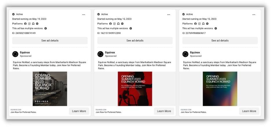 Resultados de la biblioteca de meta anuncios de Facebook para gimnasios Equinox: tres resultados con la misma copia pero creatividad diferente
