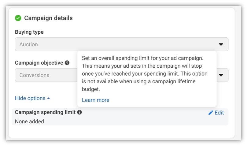 facebook ads not converting - spending limit