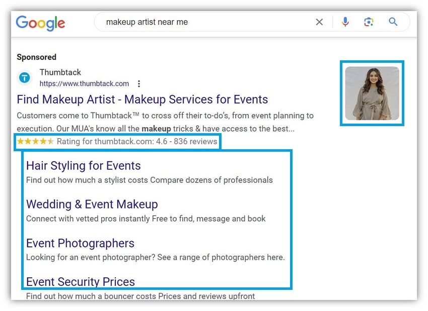 google ads impression share - example of search ad that uses ad assets