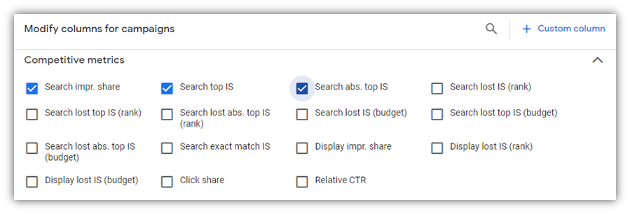 google ads impression share - custom columns screenshot 