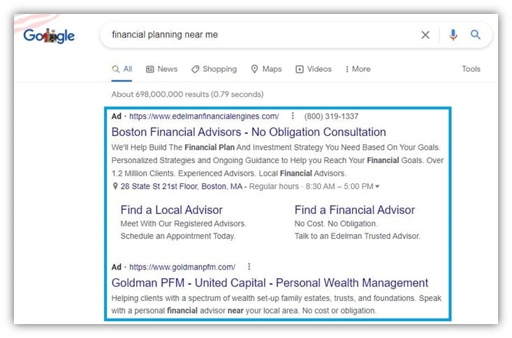 marketing channels - screenshot of search ads on serp 