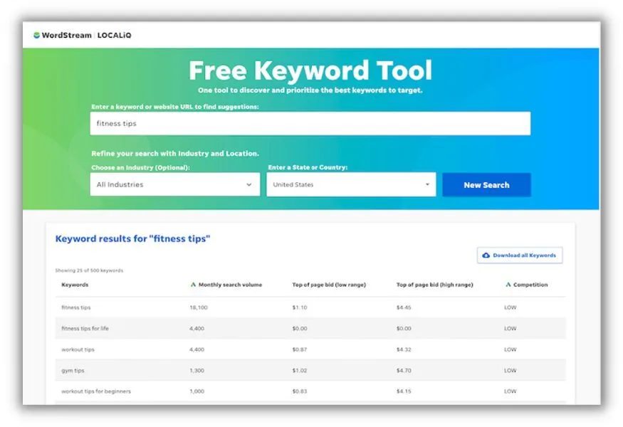 wordstream free keyword tool results