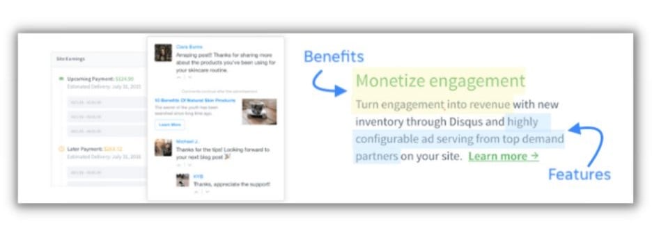 Copywriting skills - marked up add highlighting the feature and benefit of a product.