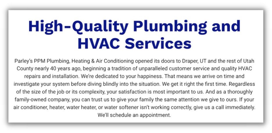 Executive summary example - HVAC services business about us page
