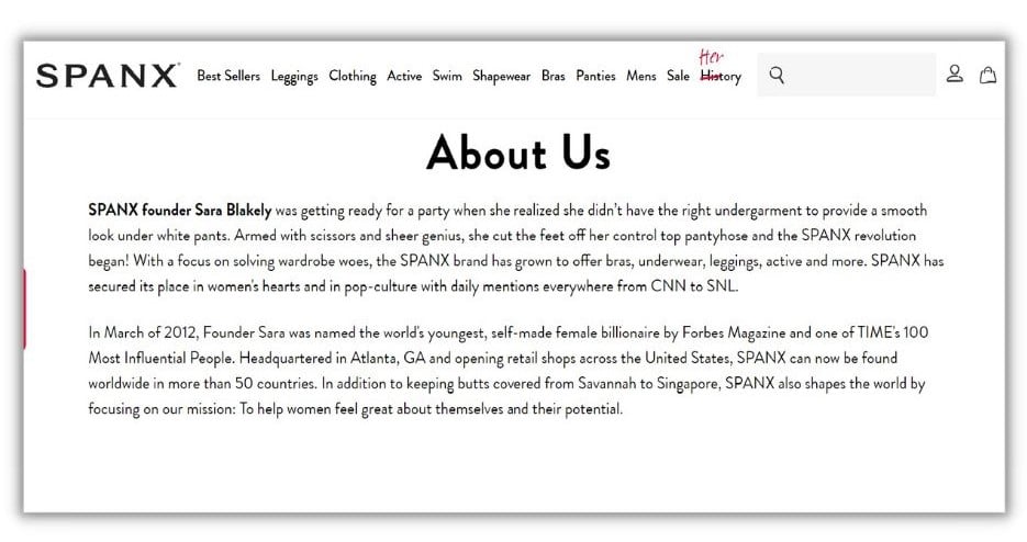 Executive summary example - Spanx about us page