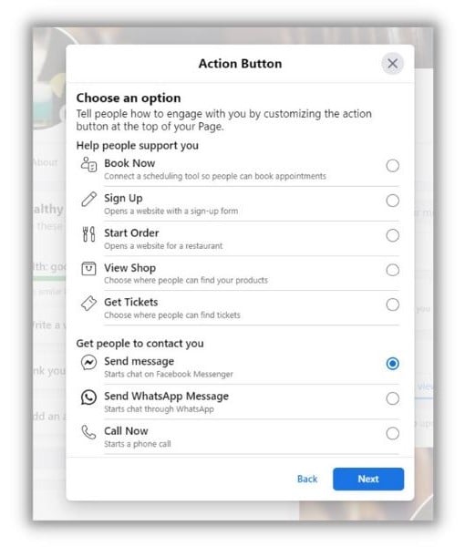 facebook business post - screenshot of list of action button options
