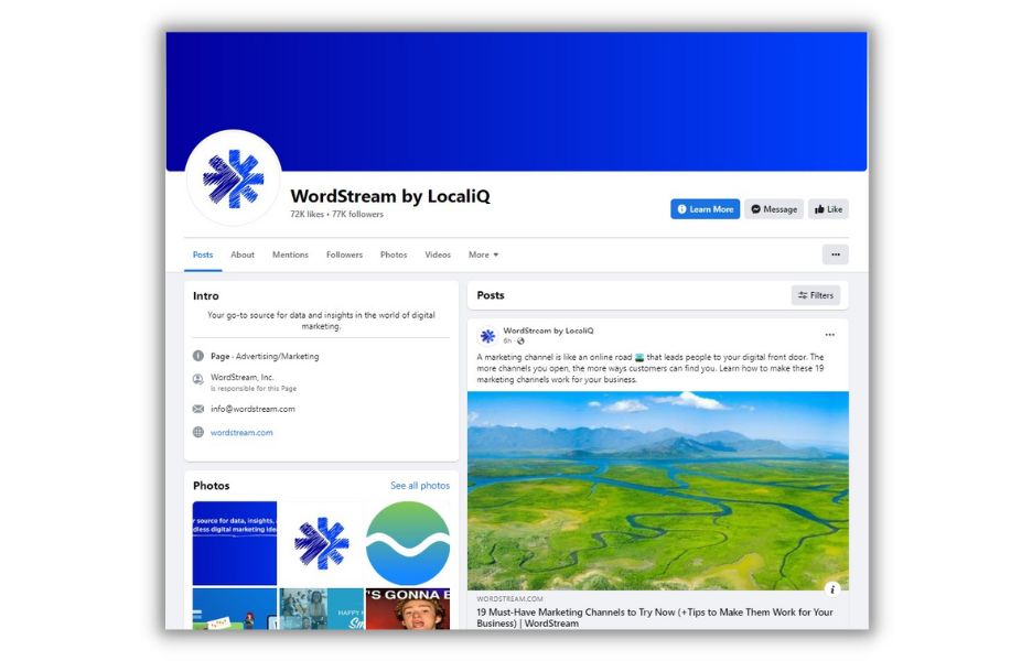 Facebook business page - screenshot of Wordstream business page