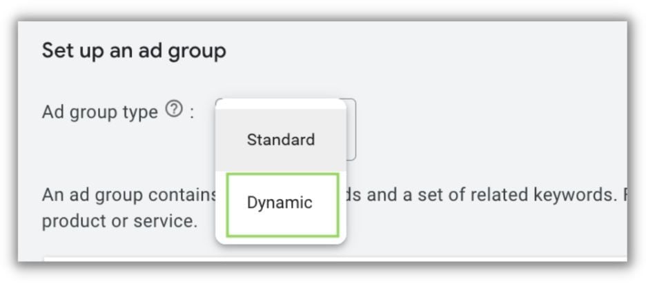 как настроить динамическую поисковую рекламу в google - выбираем группу динамической рекламы