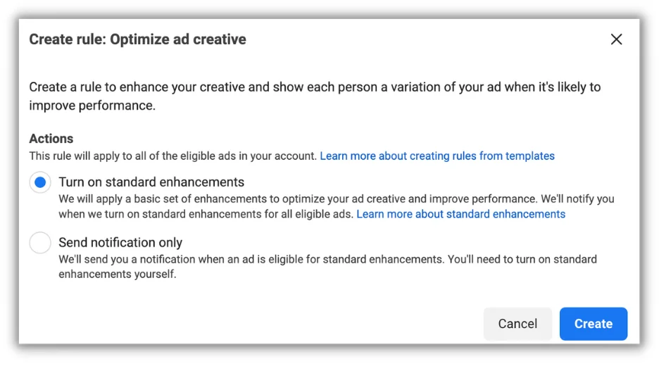 facebook automated rules - optimize ad creative option
