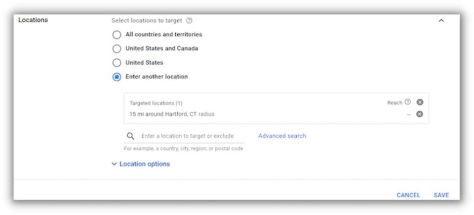 google ads location targeting option in set up