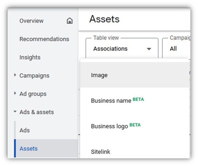 google advertiser verification - ad asset menu