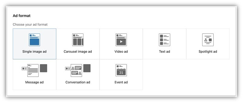 linkedin remarketing - screenshot of linkedin remarketing ad format options