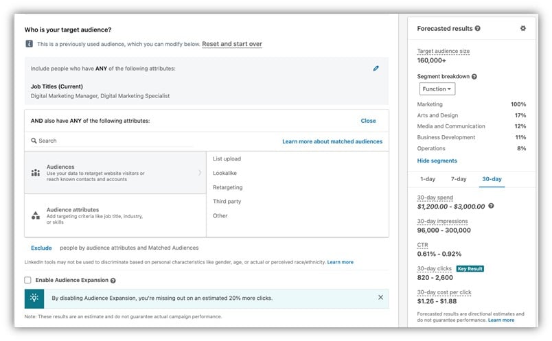 linkedin remarketing - example remarketing audience targeting screenshot