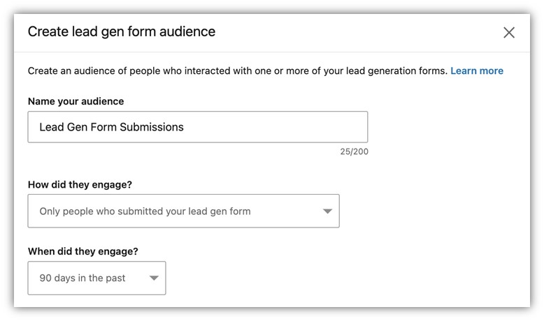 linkedin remarketing - create a lead gen form audience screenshot
