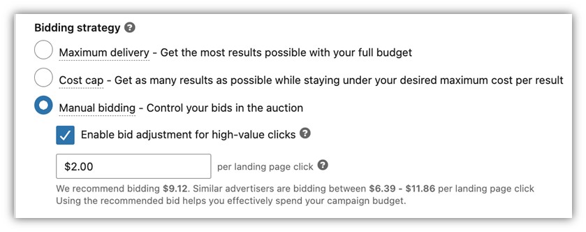 lihnkedin remarketing - bidding options screenshot