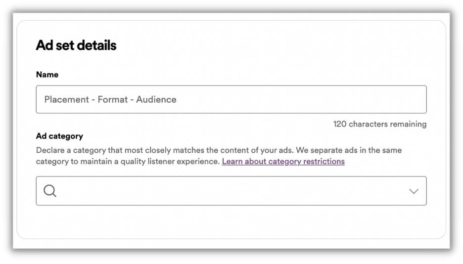 spotify advertising - how to run spotify ads - enter ad set details