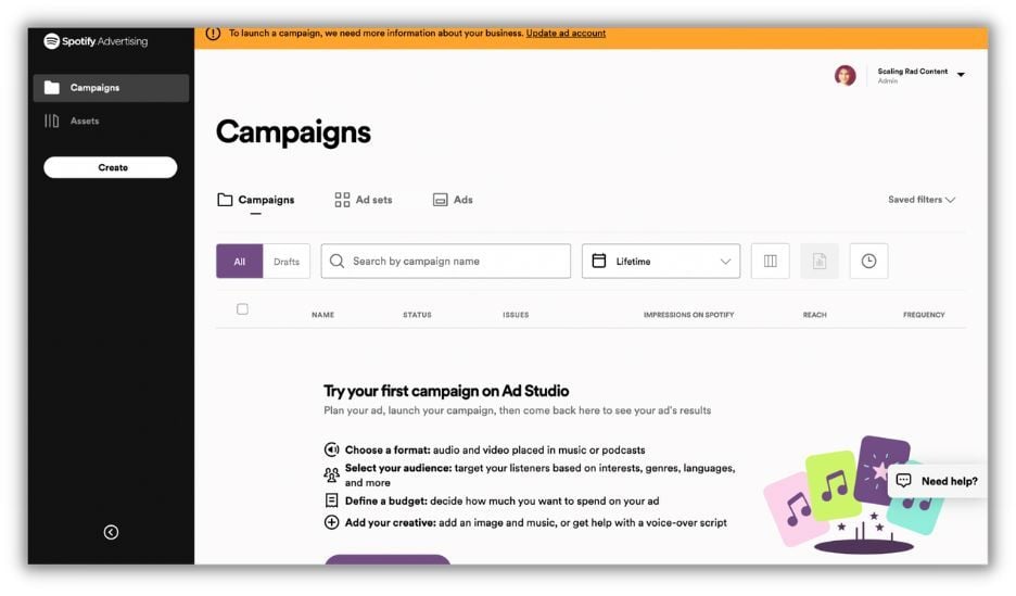 spotify advertising - how to run spotify ads - campaigns page