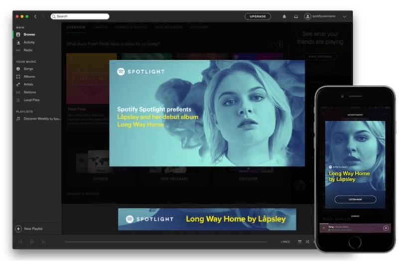 spotify advertising example on homepage - desktop and mobile