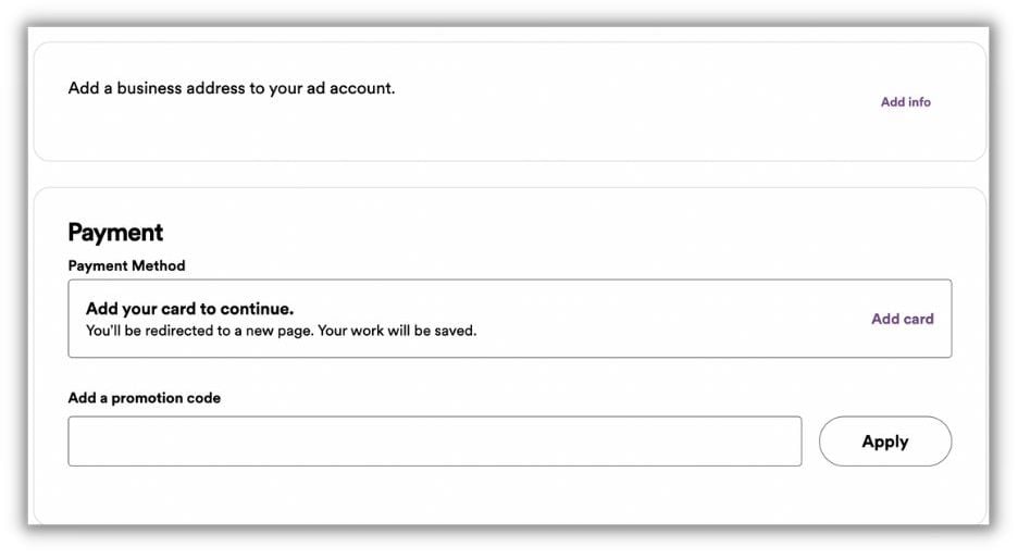 spotify advertising - how to run spotify ads - add business info and payment info