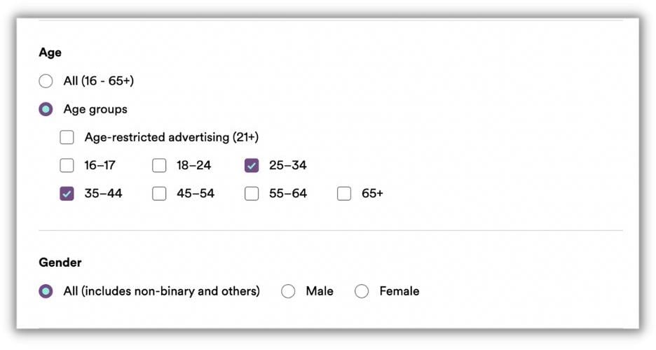 реклама Spotify - как запустить рекламу Spotify - выбрать возраст и пол аудитории