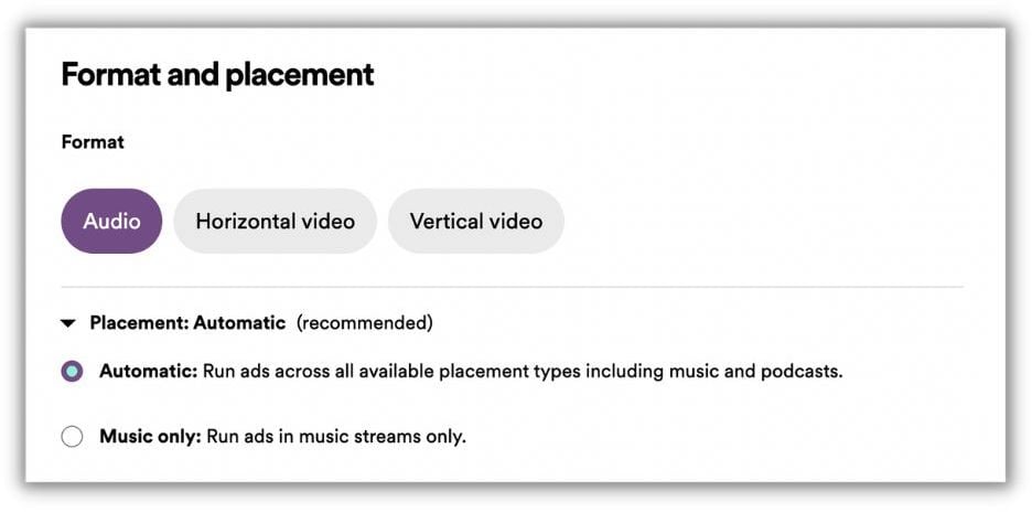 реклама Spotify - как запустить рекламу Spotify - указать формат и место размещения рекламы